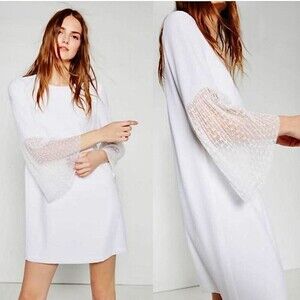 ZARA Sheer Lace Bell Sleeve Shift Loose Dress Mini White Angelic Boho Small